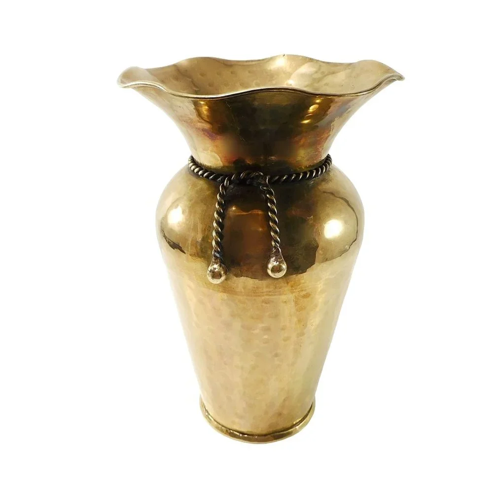 Hammered Solid Brass Vase Rope Tassel Accent 9.25" - Picture 1 of 5